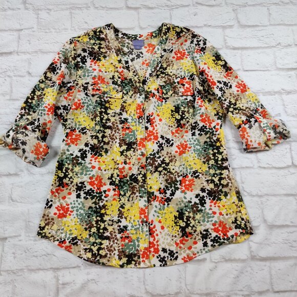 Laura Scott Womens Blouse Long Sleeve Button Shirt V Neck Abstract Floral sz M - Picture 8 of 10